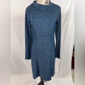 Prana Navy and Teal Long-sleeve Striped Shirt Dress (v)